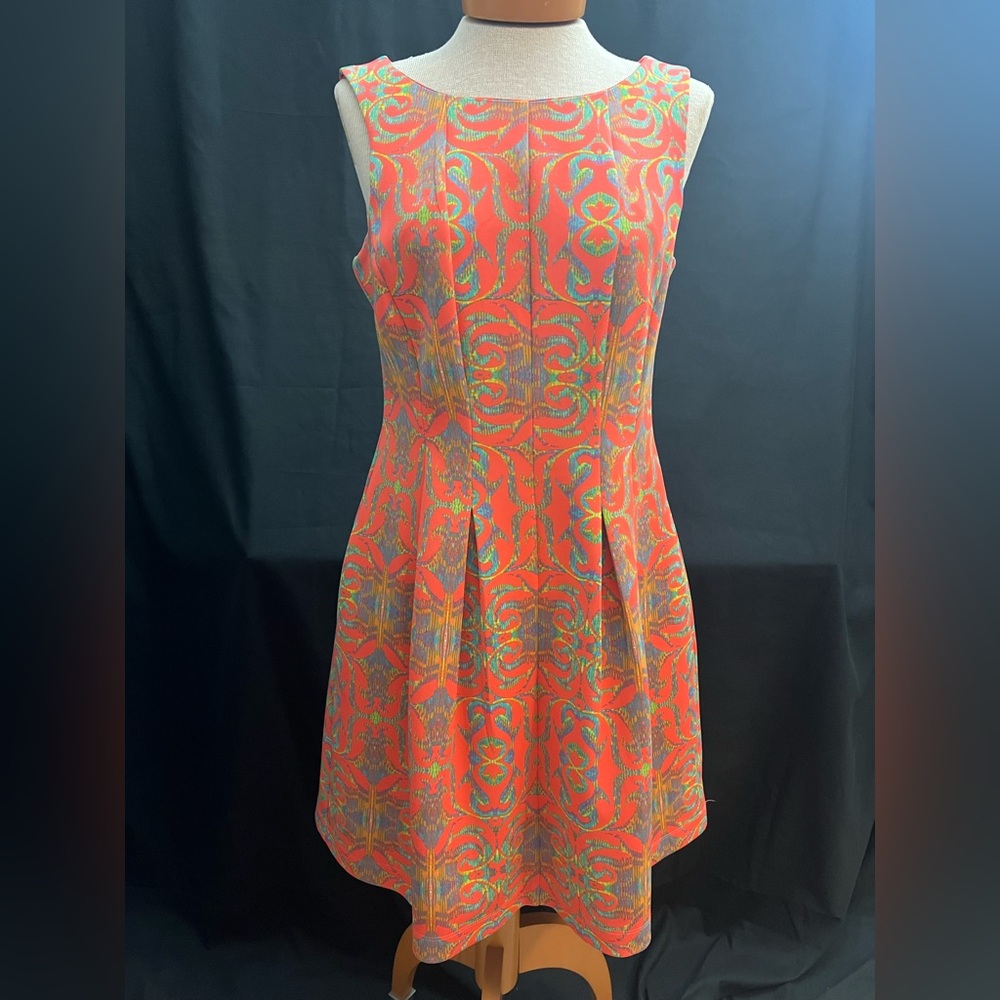 Gabby Skye - scuba fit and flare dress - orange retro pattern - size 6